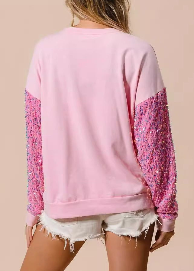 New Pink Sequin Spliced Christmas Long Sleeved Sweatshirt