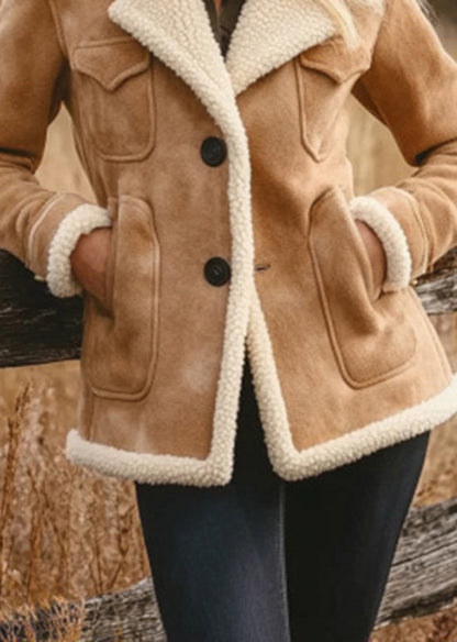 Organic Khaki Peter Pan Collar Faux Suede Fleece Wool Lined Jacket Spring