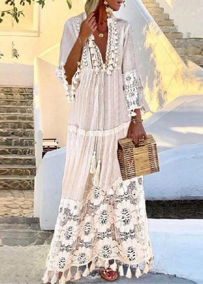 White Lace Tassel Patchwork Vacation Long Dress Summer