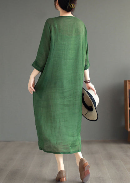 Boutique Green Embroidered Patchwork Linen Dresses Bracelet Sleeve