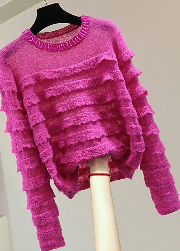 Rose Ruffled Patchwork Nail Bead Cotton Knit Sweater Winter