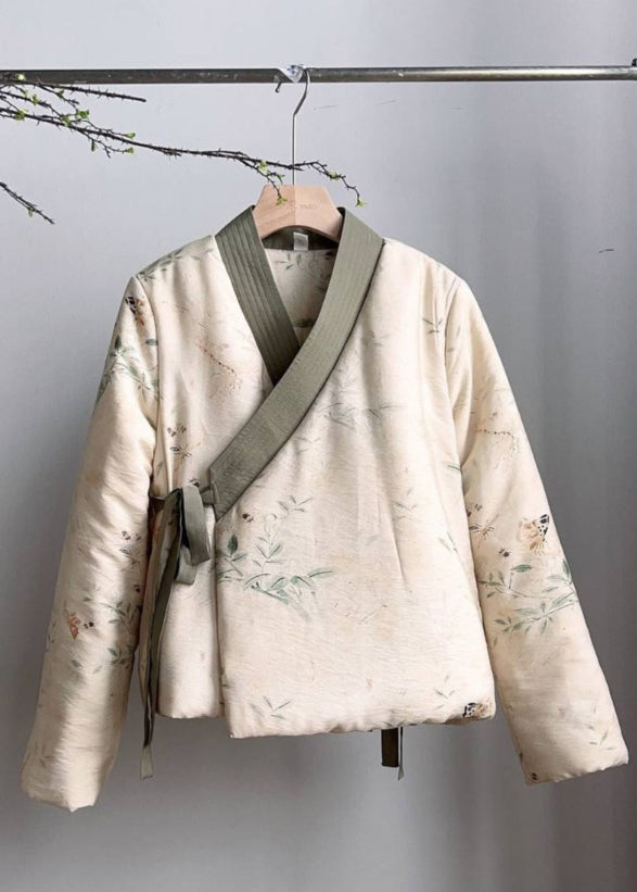 Beige V Neck Lace Up Fine Cotton Filled Coats Spring