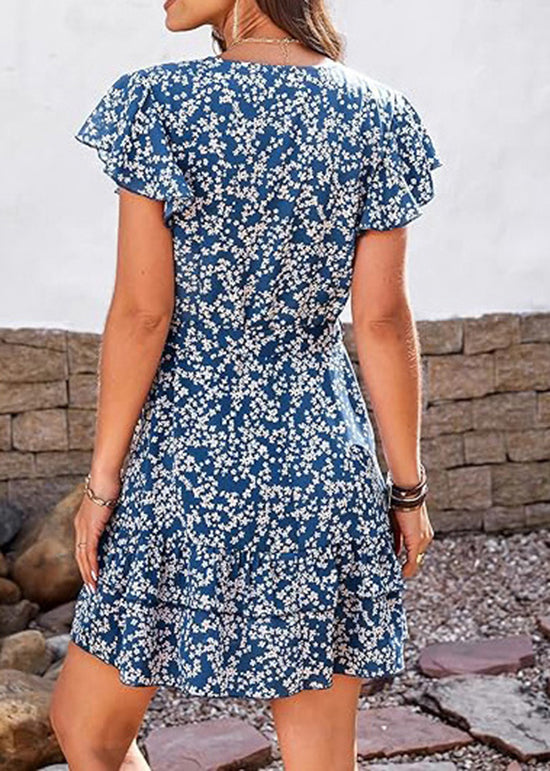 Blue V Neck Print Chiffon Dress Butterfly Sleeve