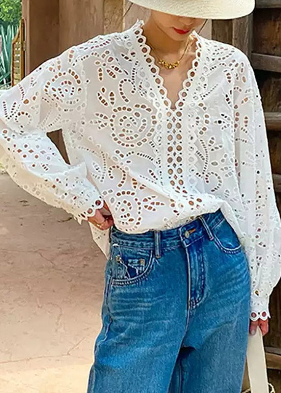 White V Neck Embroidered Hollow Out Shirt Summer