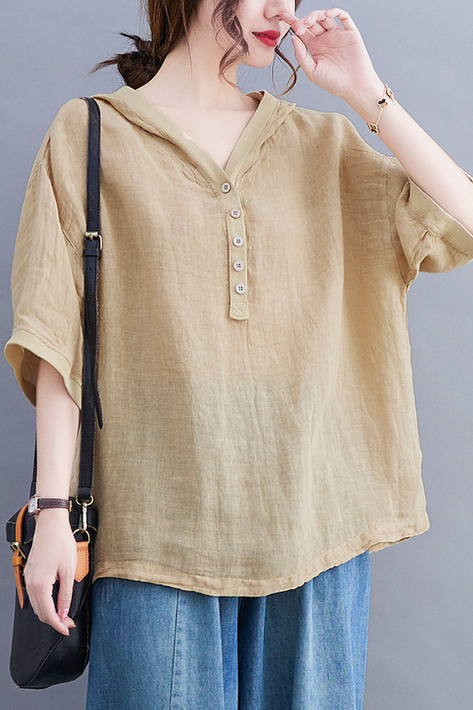 Summer Hooded Short Sleeve T-shirt Loose Cotton Linen Tops