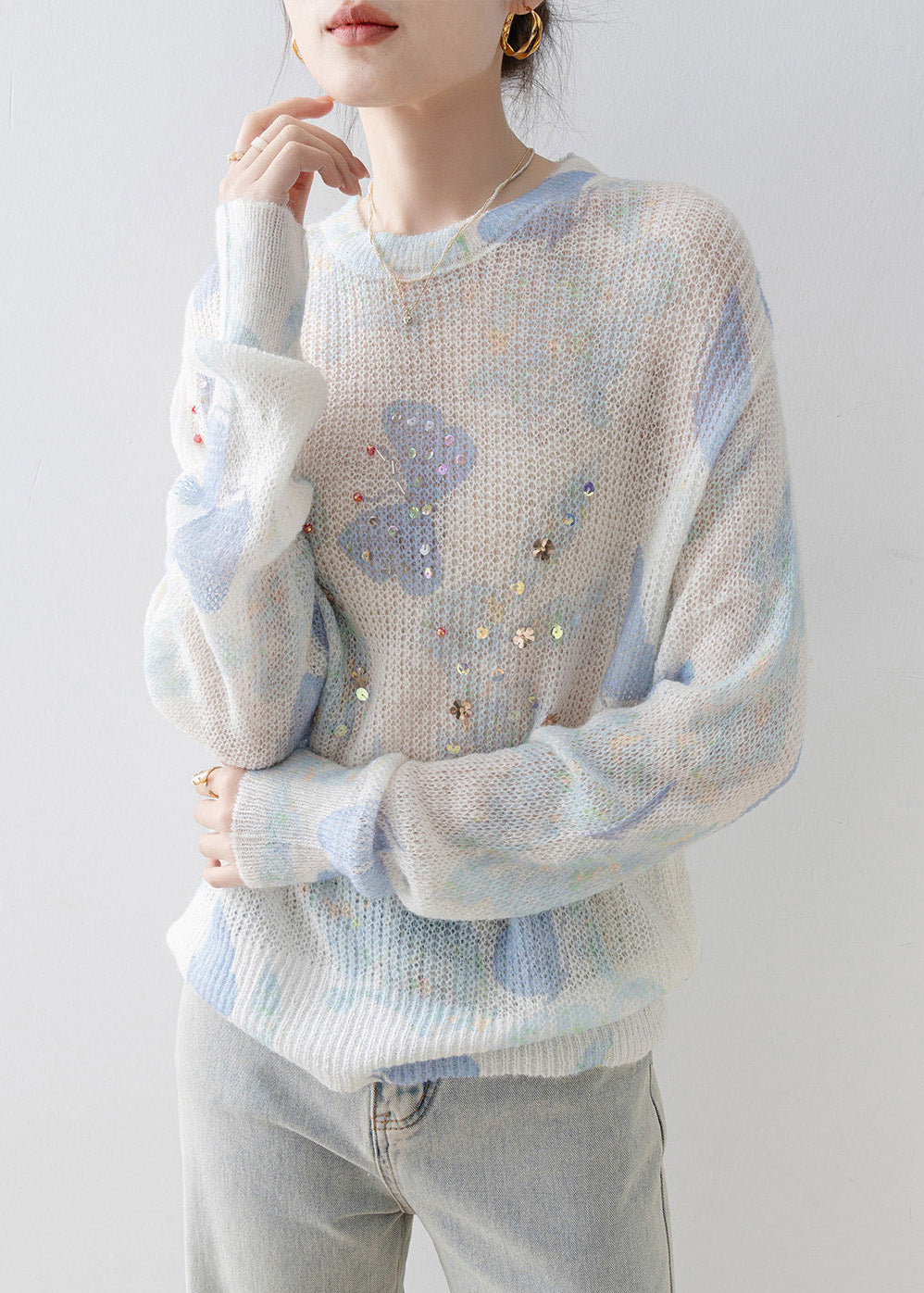 New Stylish O Neck Sequins Knit Top Spring