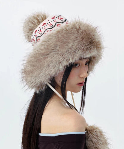 Jacquard Knitted Thick Warm Fleece Fur Boonie Hat