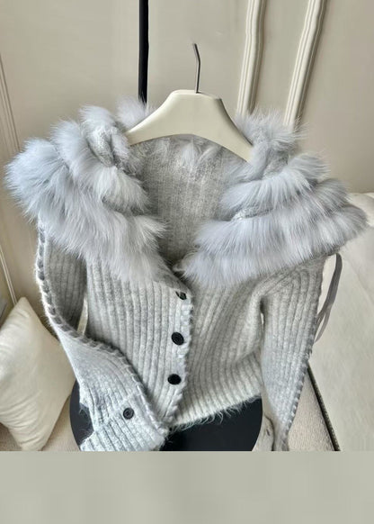 Dark Gray Fur Collar Button Cozy Knit Coat Fall