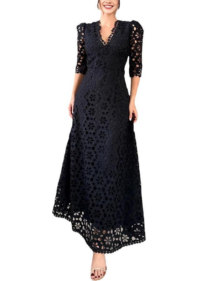 New White V Neck Hollow Out Lace Long Dresses Summer