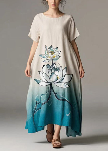 Gradient Color Lotus Print Cotton Day Dress Summer