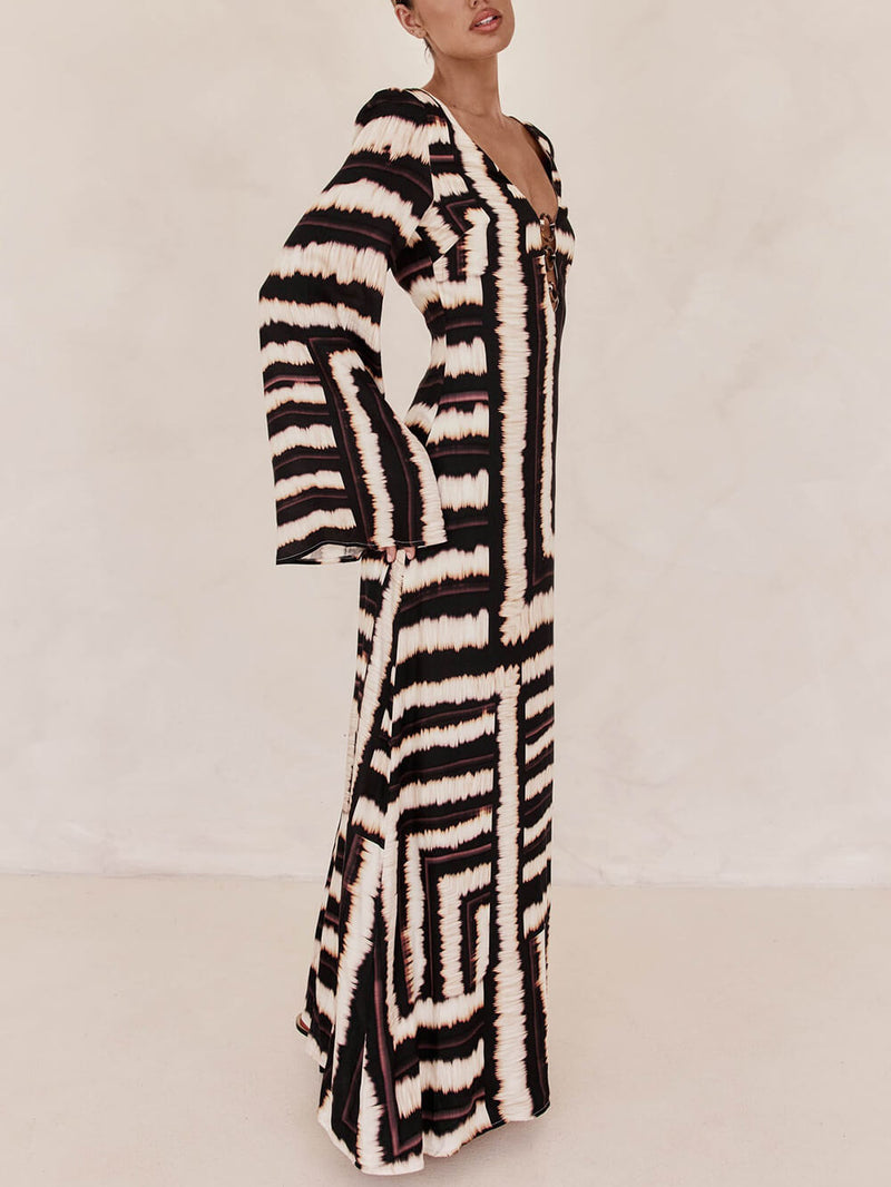 V-neckline Unique Printed V Tie Ring Maxi Dress