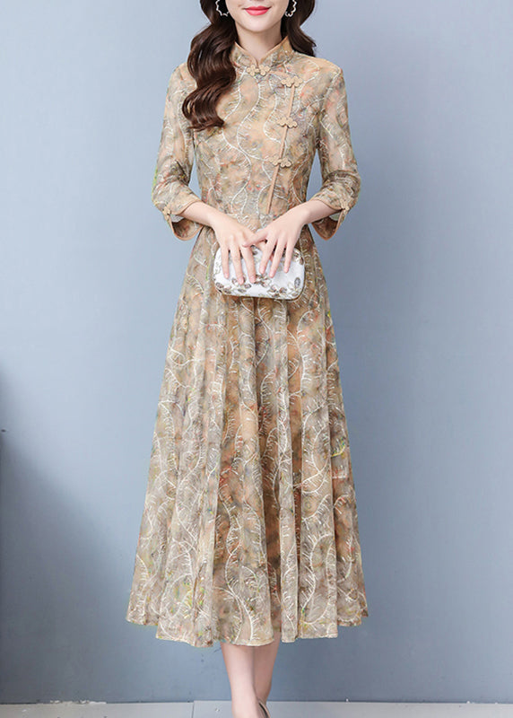 Khaki Print Exra Large Hem Lace Oriental Dresses Spring