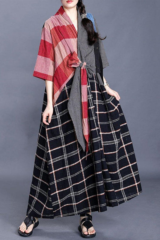 -v-neck Panelled Plaid Maxi Dress