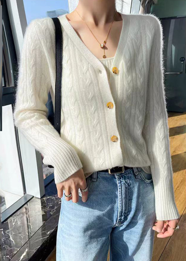 Italian Pink V Neck Cable Wool Knit Cardigans Fall