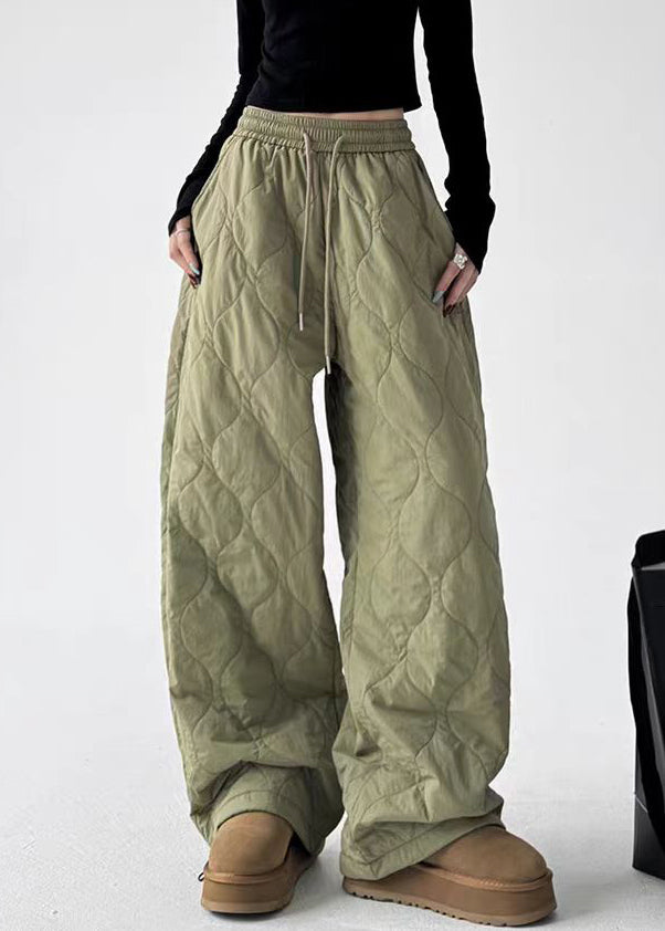 Army Green Pockets Elastic Waist Cotton Filled Pants Winter