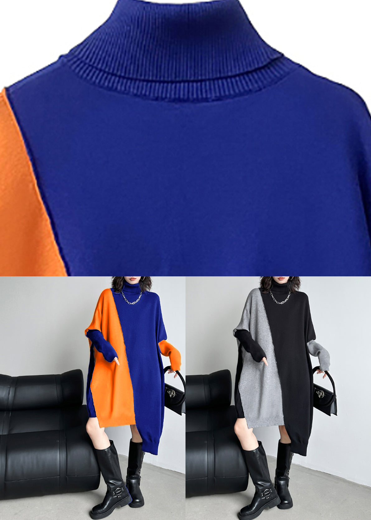 Natural Black Grey Asymmetrical Cotton Knit Long Sweater Dress Fall