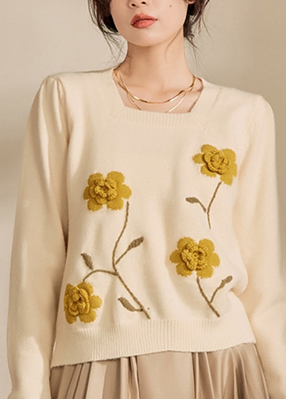 Light Yellow Square Collar Cotton Knit Sweaters Winter