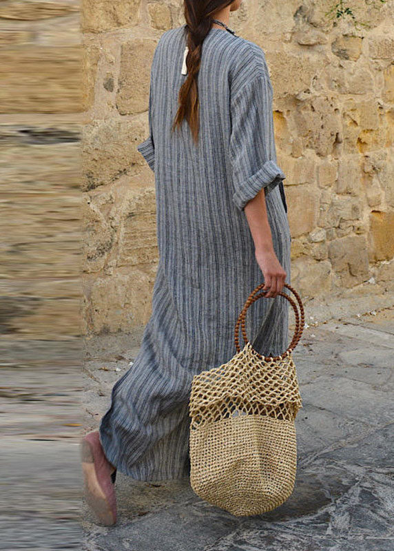 Natural Grey O-neck Striped Patchwork Long Dresses Spring