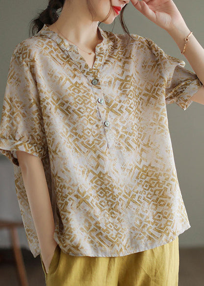 Beige V Neck Print Patchwork Linen T Shirt Top Summer