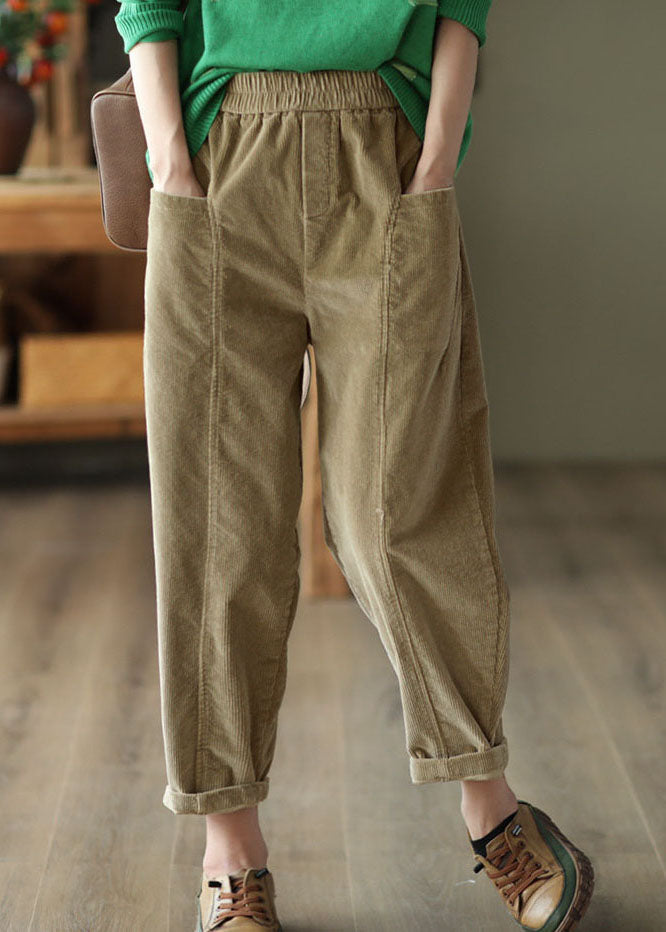 Black Elastic Waist Patchwork Pockets Corduroy Pants Spring