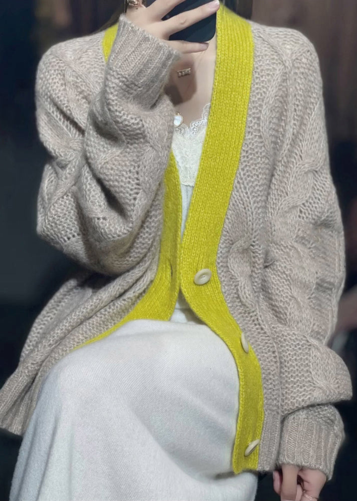 Khaki V Neck Button Patchwork Knit Cardigans Fall