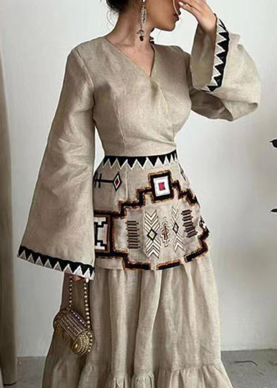 V Neck Print Patchwork Cotton Dress Flare Sleeve