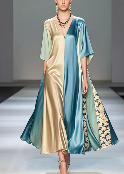 Polychrome Asymmetrical Patchwork Silk Robe Dresses Summer