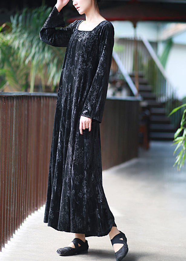 Black U Neck Print Velvet Long Dresses Fall