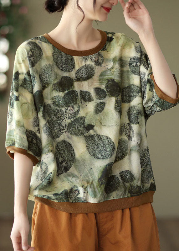 Green O Neck Print Patchwork Linen T Shirt Tops Summer