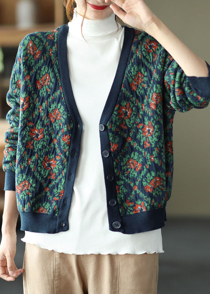 Navy V Neck Print Knit Cardigan Winter