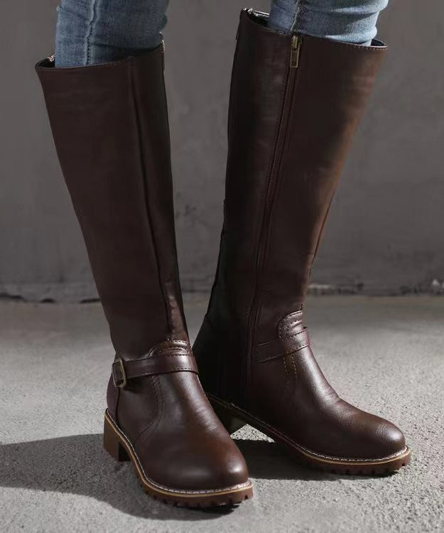Brown Faux Leather Splicing Chunky Knee Boots