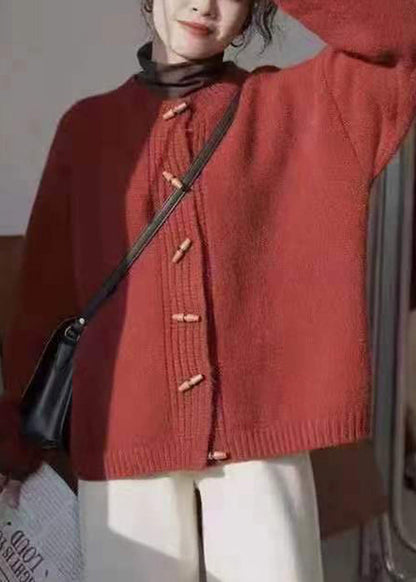 Wine Red Button Patchwork Cozy Knit Coat Long Sleeve