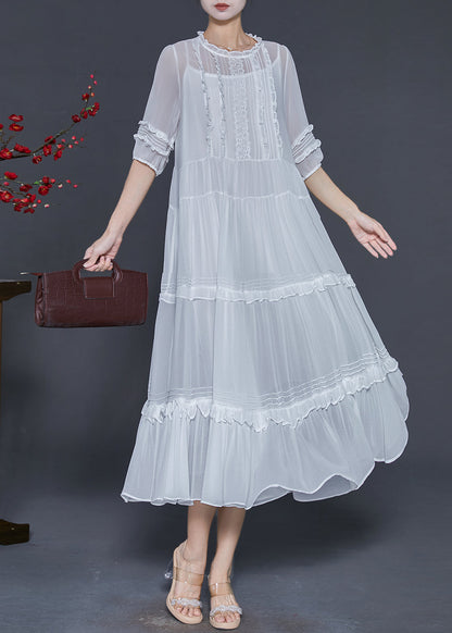 Natural White Ruffled Chiffon a L Ine Dresses Summer