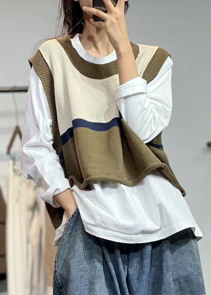 Beige O Neck Patchwork Cotton Knit Waistcoat Sleeveless