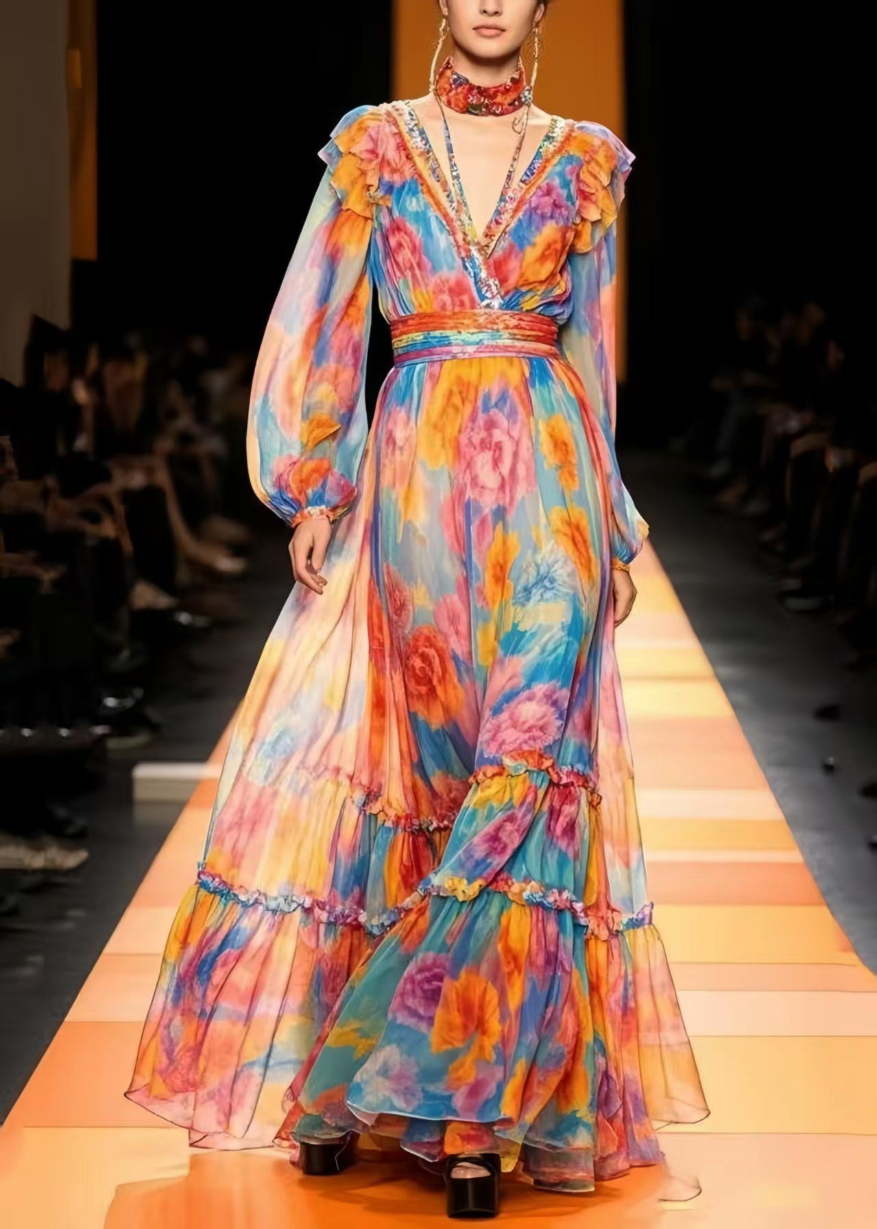 Handmade Rainbow Print Chiffon Vacation Dresses Summer