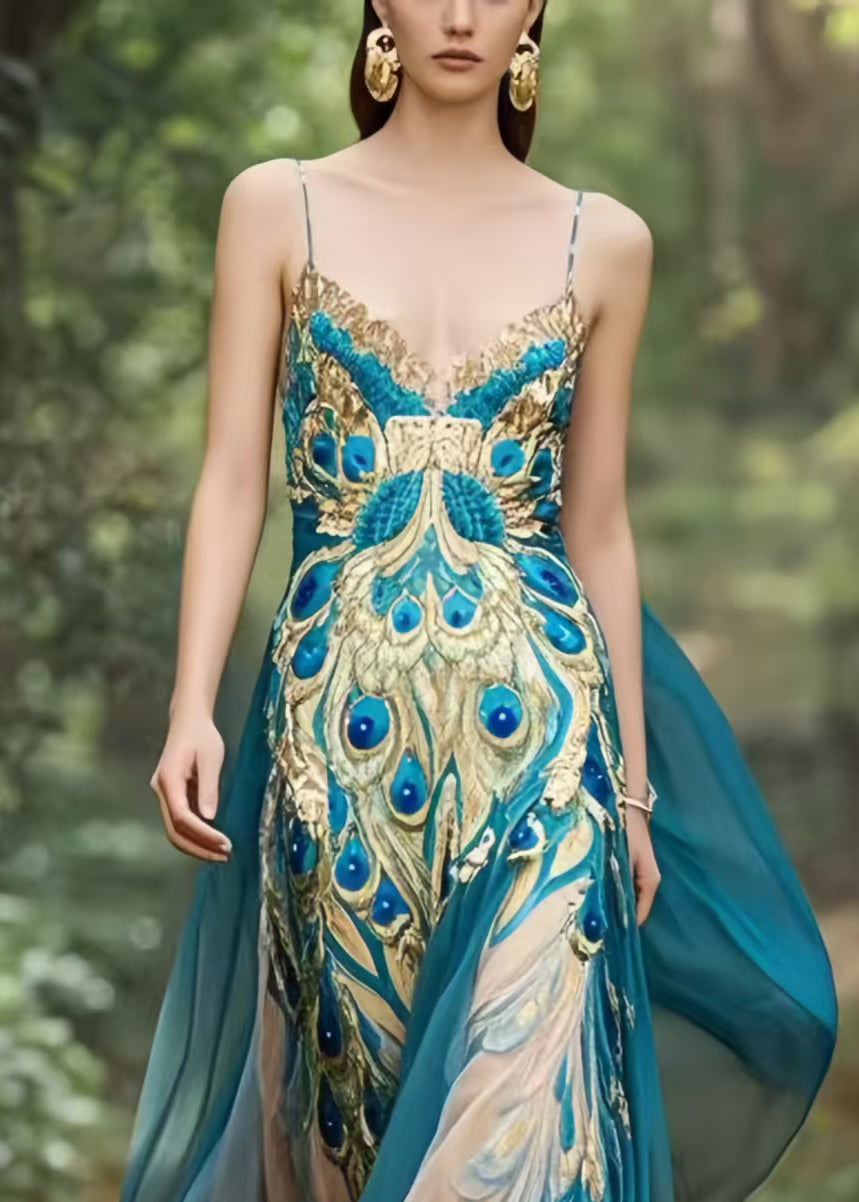 Peacock Blue Print Exra Large Hem Chiffon Holiday Dress Summer