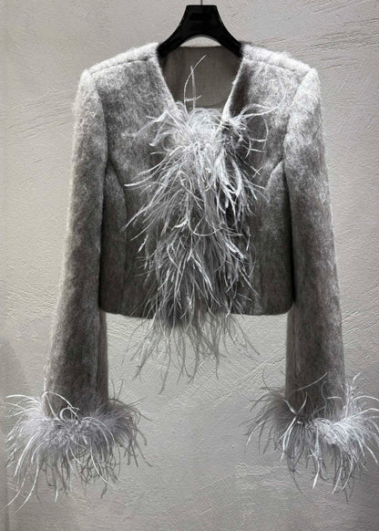 Grey Feather Patchwork Wool Coats Winter