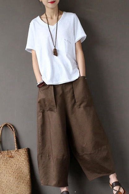 Coffee Loose Cotton Linen Ankle Length Pants Outfits