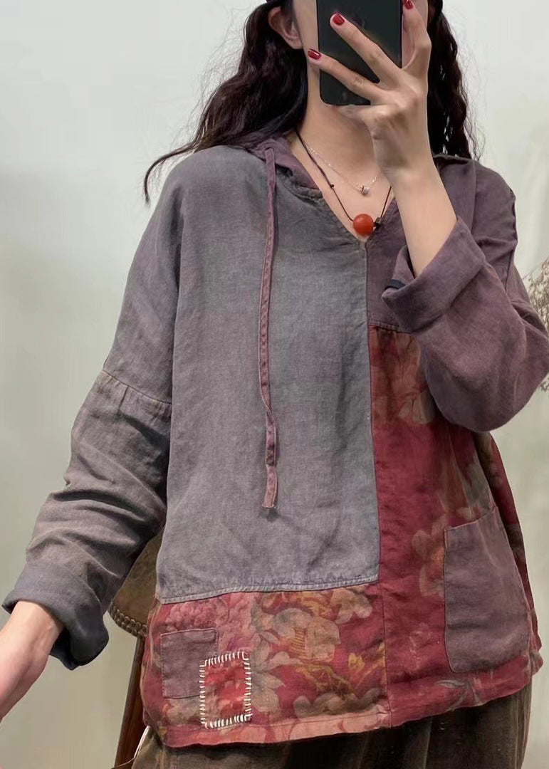Grey Green Colour Neck Tie Print Patchwork Button Pockets Hoodie Shirt Long Sleeve