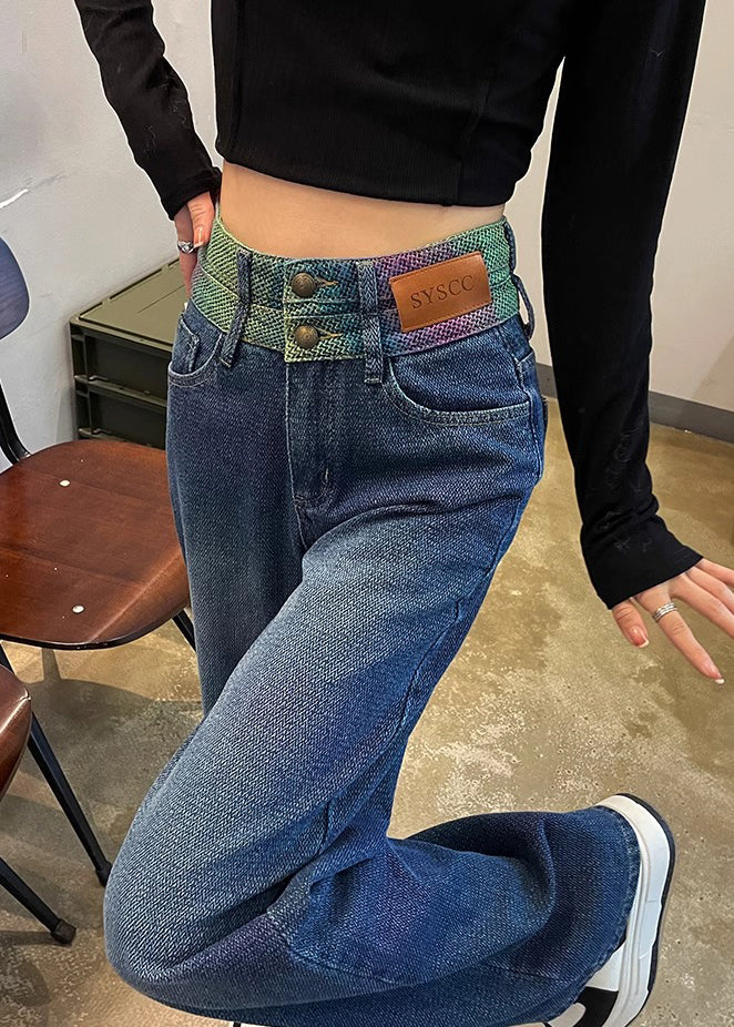 Black High Waist Patchwork Denim Straight Pants Spring