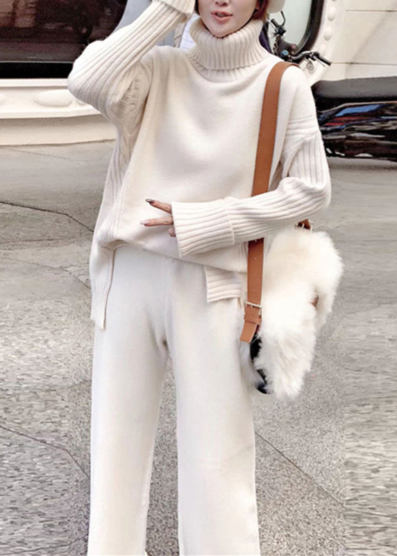 Apricot Hign Neck Sweaters and Pants Knit Two Piece Suit Set Winter