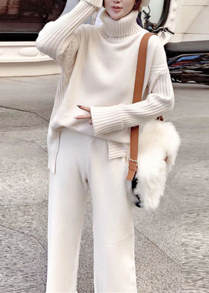 Apricot Hign Neck Sweaters and Pants Knit Two Piece Suit Set Winter