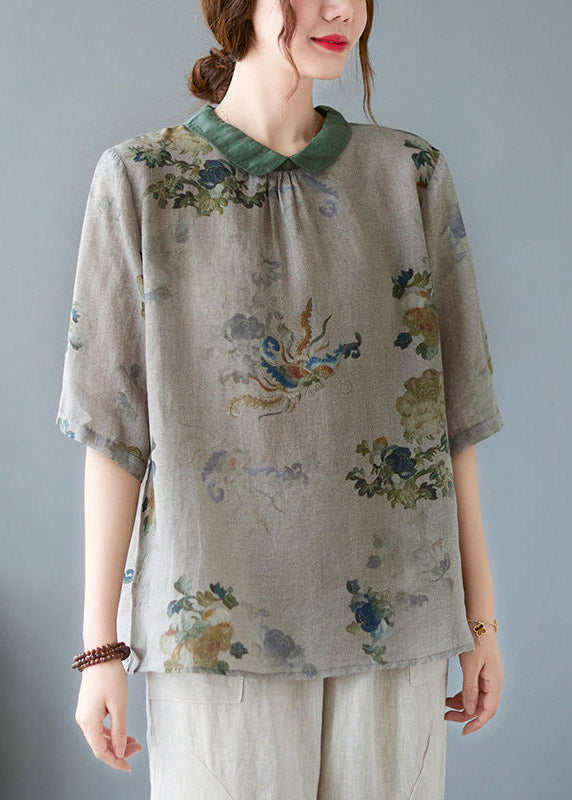Greyish Green Peter Pan Collar Button Shirts Half Sleeve