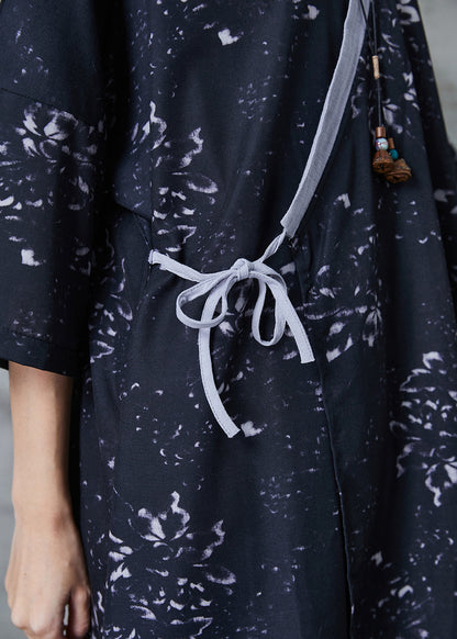 Black Print Lace Up Linen Blouses Summer