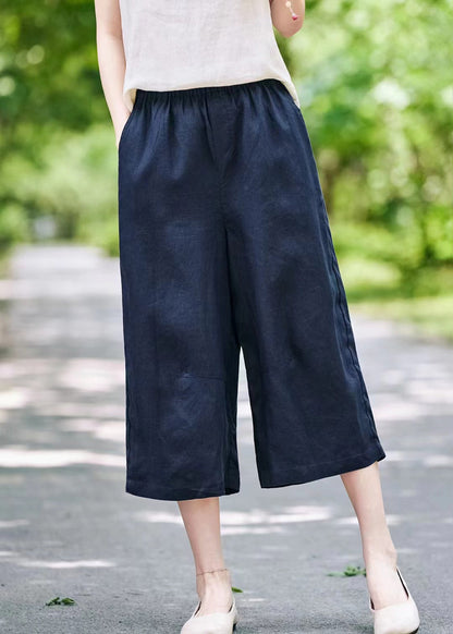Grey Linen Summer Wide Leg Pants Elastic Waist