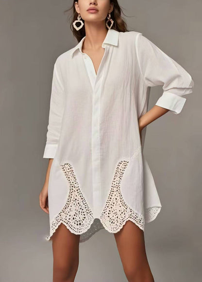 Simple White Peter Pan Collar Patchwork Lace Long Shirts Spring