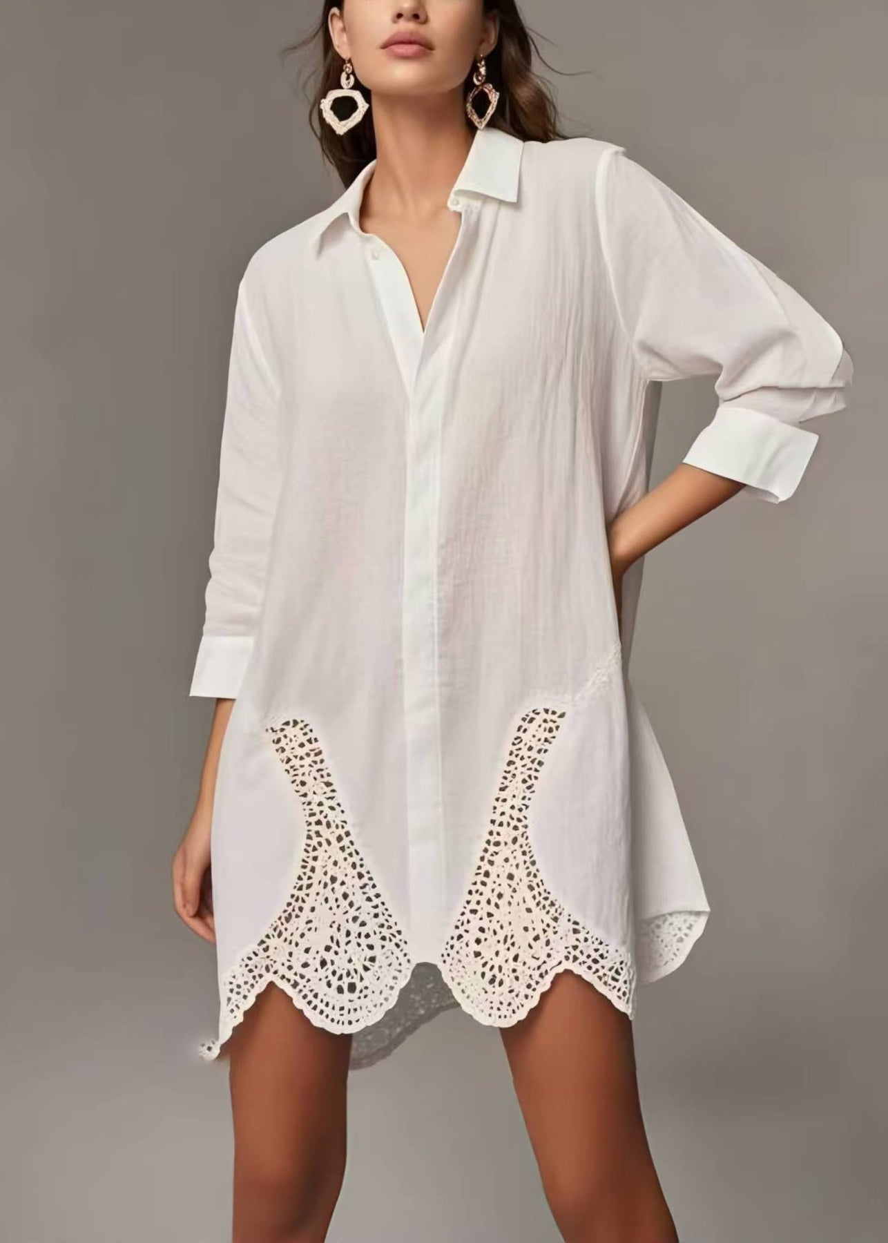 Simple White Peter Pan Collar Patchwork Lace Long Shirts Spring
