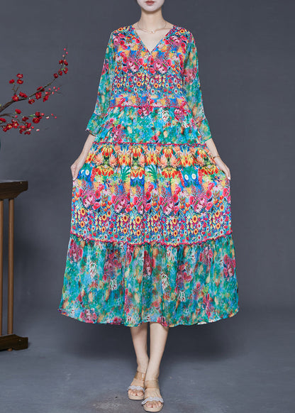 Green Print Chiffon Tea Dresses Bracelet Sleeve