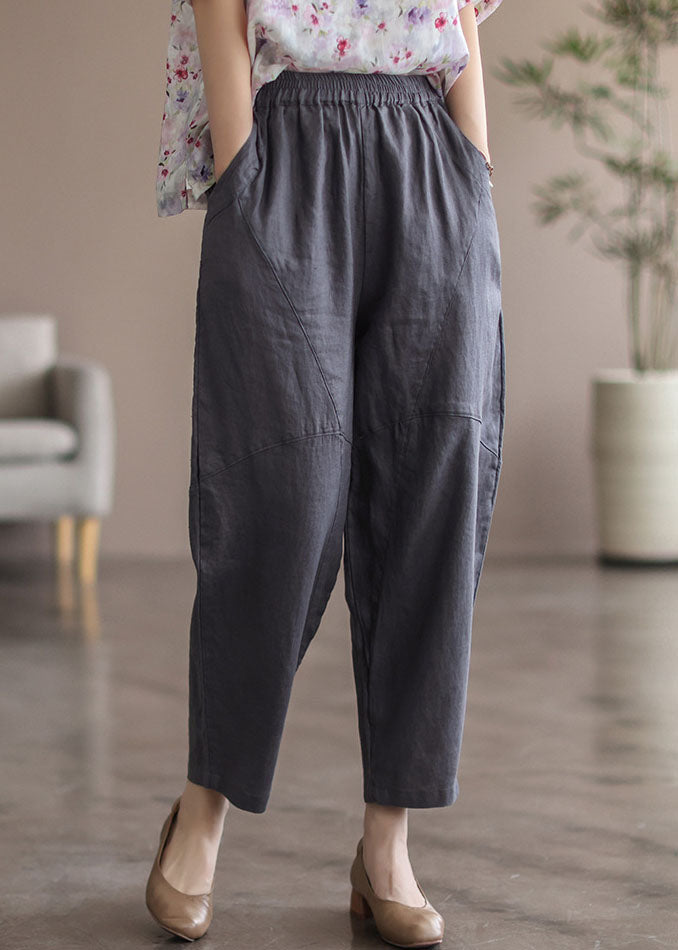 Grey Patchwork Linen Pants High Waist Summer