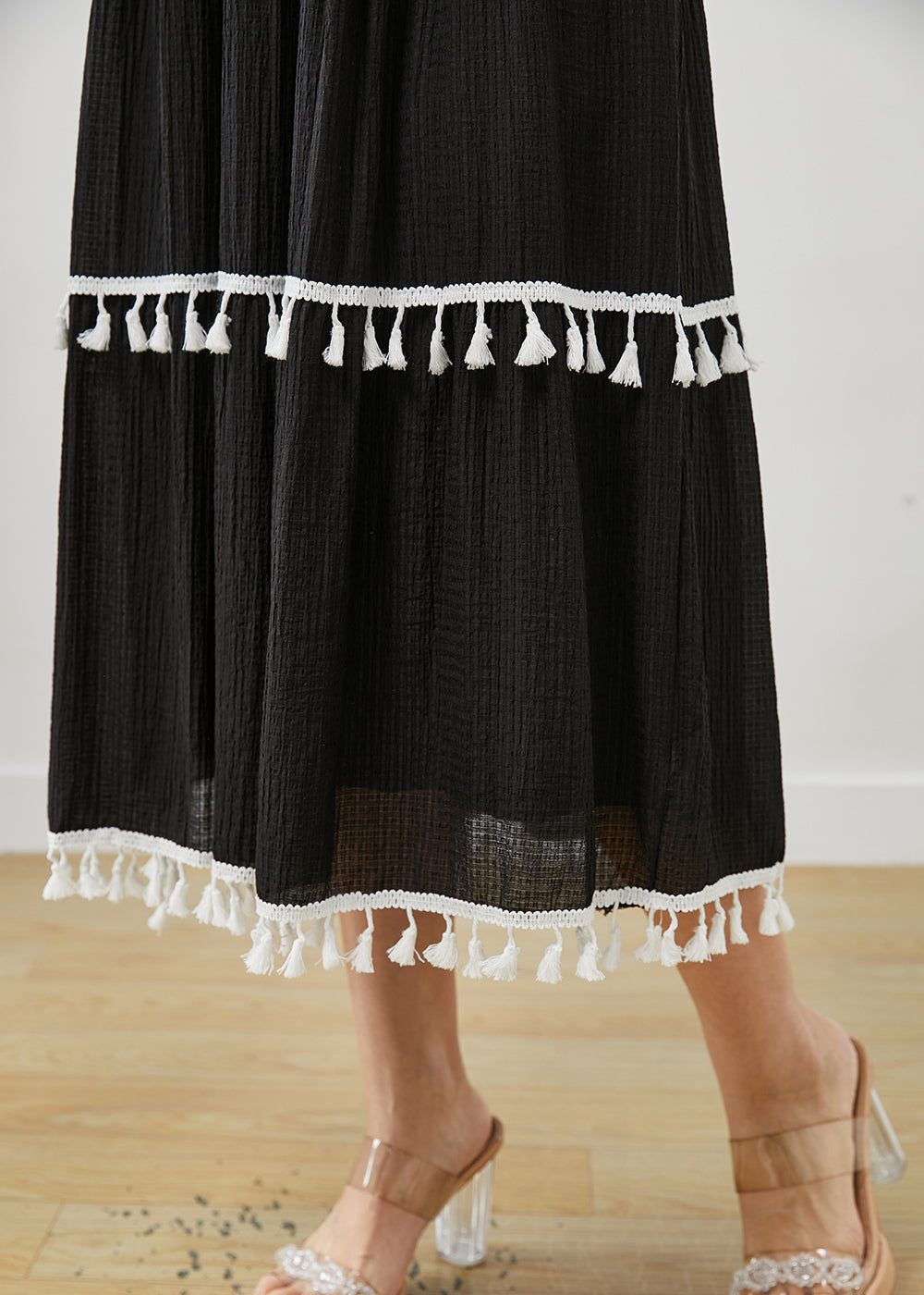 Black Tasseled Cotton Summer Spaghetti Strap Dress